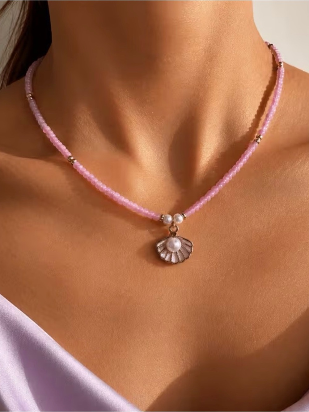 Pink Beaded Shell Pendant Necklace with Pearl Accent